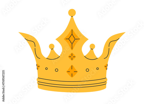 Crown icon. Golden royal jewels headdress. Symbol of king, queen, prince and princess. Aristocratic, coronation, monarchy concept. Hand drawn flat vector illustration on white background