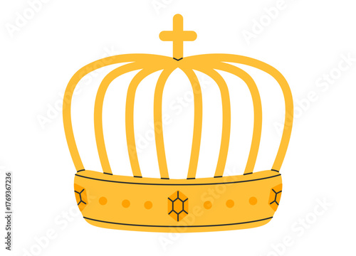 Crown icon. Golden royal jewels headdress. Symbol of king, queen, prince and princess. Aristocratic, coronation, monarchy concept. Hand drawn flat vector illustration on white background