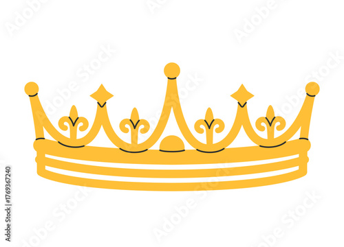 Crown icon. Golden royal jewels headdress. Symbol of king, queen, prince and princess. Aristocratic, coronation, monarchy concept. Hand drawn flat vector illustration on white background