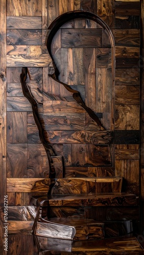 Mysterious Abstract Figure Crafted from Textured Wood Panels.