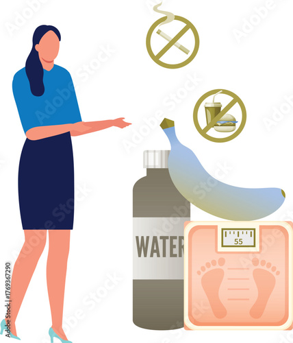 The girl is pointing healthy food to weight gain