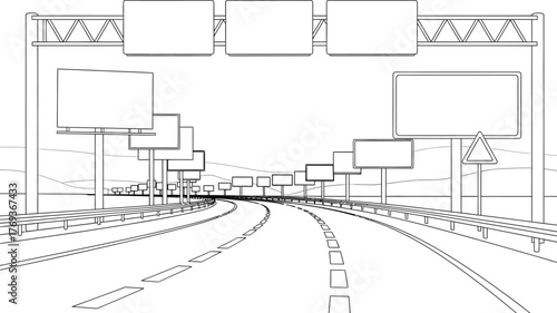 A stark black and white line drawing of a highway with multiple blank directional signs overhead and on the sides