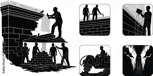 Silhouette vector illustration of construction workers building wall, using tools, inspecting tunnel, operating machinery, teamwork, safety, repair, architecture, and industry
