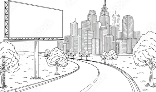 Hand drawn sketch of a modern city skyline with a large blank billboard on the left side of a winding road