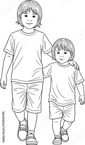 Charming hand drawn sketch of two young siblings standing together in a warm embrace on a white background