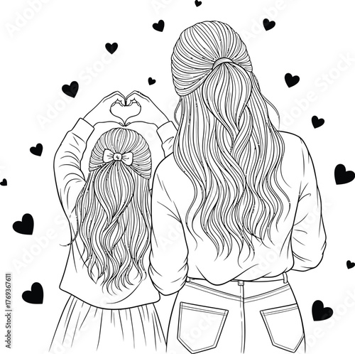 Artistic black and white illustration of two women with long braided hair embracing surrounded by small hearts
