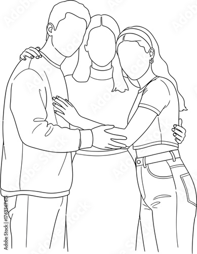 Stylized black and white line art sketch of a loving couple embracing closely with tenderness and affection