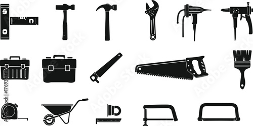 Collection of black silhouette construction tools, hammer, wrench, drill, saw, paintbrush, toolbox, and equipment icons for repair, maintenance, and building design.