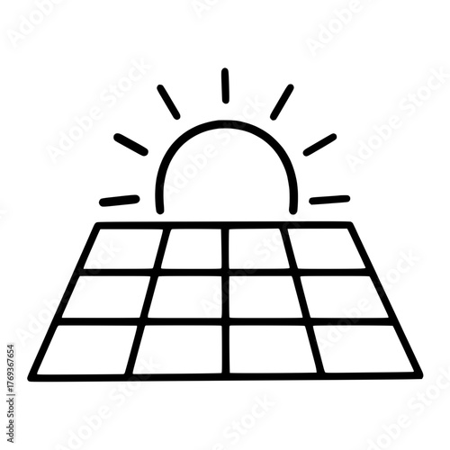Handmade Outline solar panel with rising sun clean renewable energy concept vector