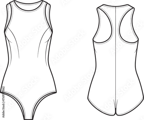 Fashion flat sketch of women’s sleeveless bodysuit, front and back view, apparel design template for clothing pattern, illustration for designers.
