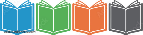 Four colorful open book icons in a row