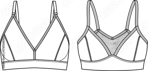 Fashion technical flat of women’s bralette with adjustable straps and lace detail, lingerie design illustration for apparel, fashion, and clothing template
