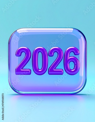 2026 on transparent rounded square plastic button, vibrant purple numbers with bright aqua background, 3d render, new year, calendar, greeting