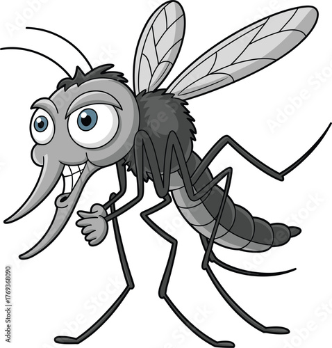 Funny cartoon mosquito illustration, insect character with big eyes, vector pest design, humorous bug art, flying animal, summer nature conceptFunny cartoon mosquito illustration, 
