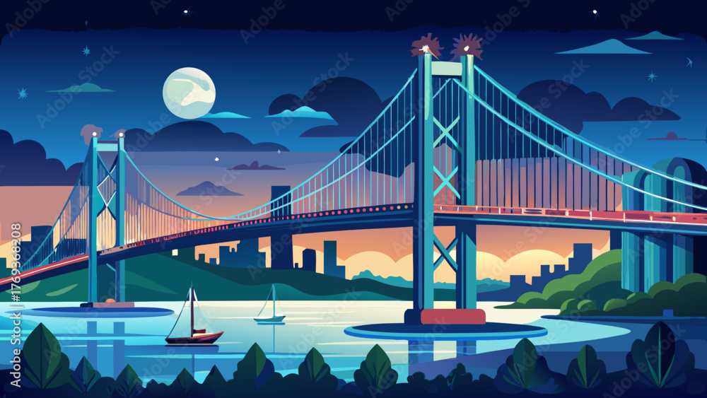 Fototapeta premium Very beautiful night view of the Delaware Memorial Bridge, a pair of twin suspension bridges crossing the Delaware River between Delaware and New Jersey, seen from New Jersey under glowing city lights