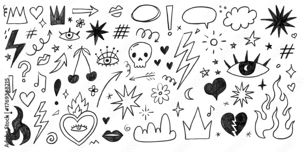 Punk doodle hand drawn set. Grunge grafitti with rock heart star fire arrow skull. Sketch crayon icon tattoo. Scribble marker art. Line, shape punk doodle grafiti with rock music element. Vector art