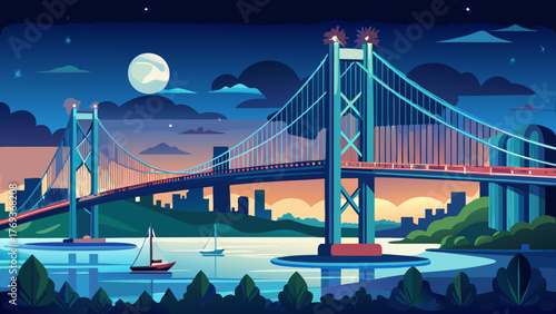 Very beautiful night view of the Delaware Memorial Bridge, a pair of twin suspension bridges crossing the Delaware River between Delaware and New Jersey, seen from New Jersey under glowing city lights