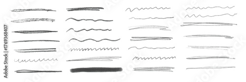 Chalk lines, charcoal highlight strokes doodle set. Pencil underlines, kids crayon strips, brush line in sketch style. Grunge texture. Hand drawn vector illustration isolated on white background
