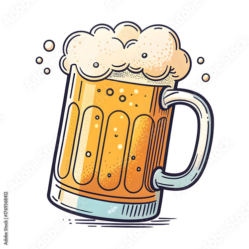 Frothy beer mug emoji style image showing a bubbly drink in a glass cup isolated