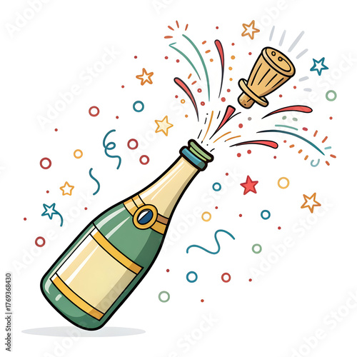 Emoji style bottle with cork popping out showing a celebration drink explosion effect isolated