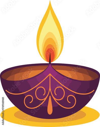 A purple diya with a bright yellow flame