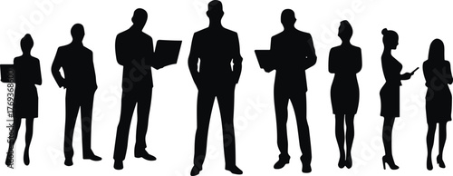 Silhouette group of business professionals standing together, teamwork and leadership concept, corporate people collaboration illustration on white background for business design