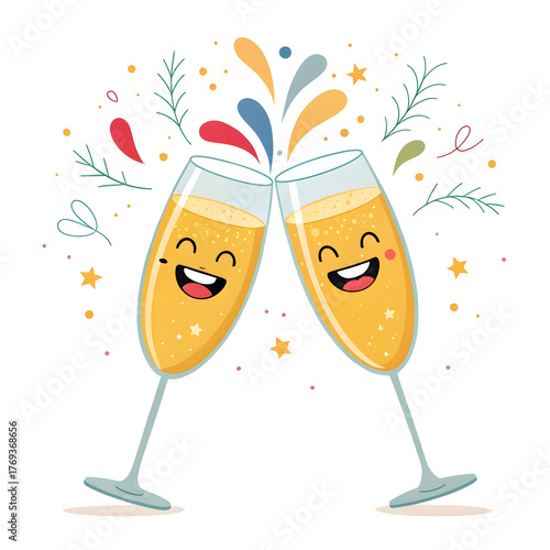 Two clinking glasses in emoji style representing a toast or celebration, isolated on a clean white background