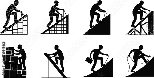 Construction worker climbing roof using rope and ladder, safety silhouette on building site, industrial labor, roofing maintenance, repair, engineering concept vector