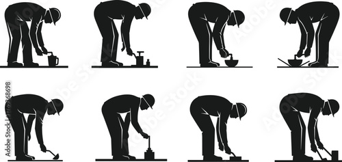 Construction worker silhouette performing various manual labor tasks, hammering, measuring, building process, industrial occupation, hard work, safety helmet, teamwork, illustration