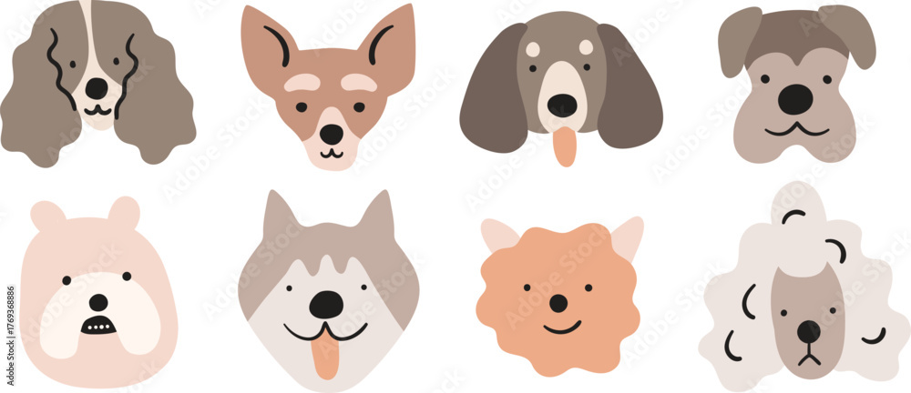 Fototapeta premium Cute and adorable popular pet dog face illustration set on white background. Different doggies breed collection, simple funny puppies illustration collection. Pups avatars