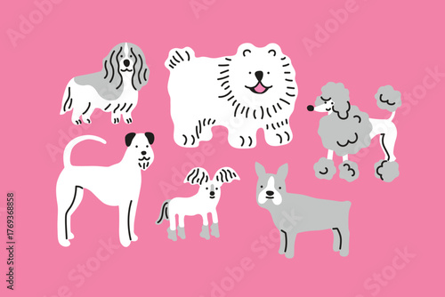 Cute dogs and puppies set, cartoon happy canine characters standing. Funny pets line art sketch vector monochrome poodle, chow-chow, beagle, bulldog, different breed collection