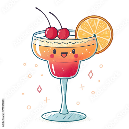 A colorful cocktail glass in emoji style with garnish and vibrant drink, isolated