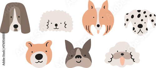 Cute and adorable popular pet dog face illustration set on white background. Different doggies breed collection, simple funny puppies illustration. Pups avatars