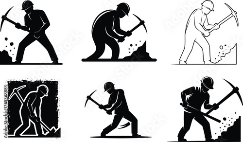 Construction worker using pickaxe digging ground, industrial labor silhouette, mining and excavation concept, builder at work, hard manual job vector illustration