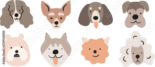Cute and adorable popular pet dog face illustration set on white background. Different doggies breed collection, simple funny puppies illustration collection. Pups avatars