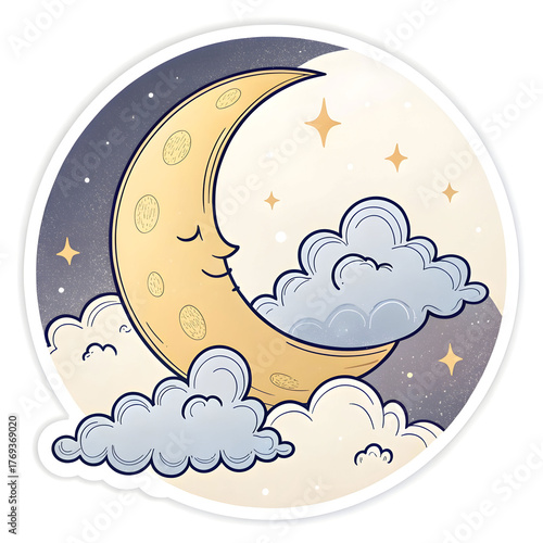 Crescent moon with soft clouds in sticker style design representing night sky, isolated
