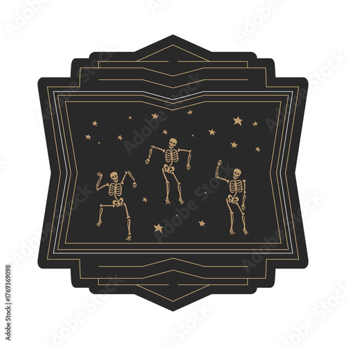 Label for halloween gift decorating, sticker for sketchbooks and more. Gloomy poison sticker. Dancing sceletons
