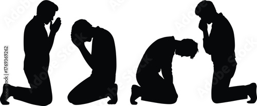 Silhouette of man kneeling in prayer, reflection, sorrow, and meditation, concept of hope, faith, emotion, spirituality, and human expression.