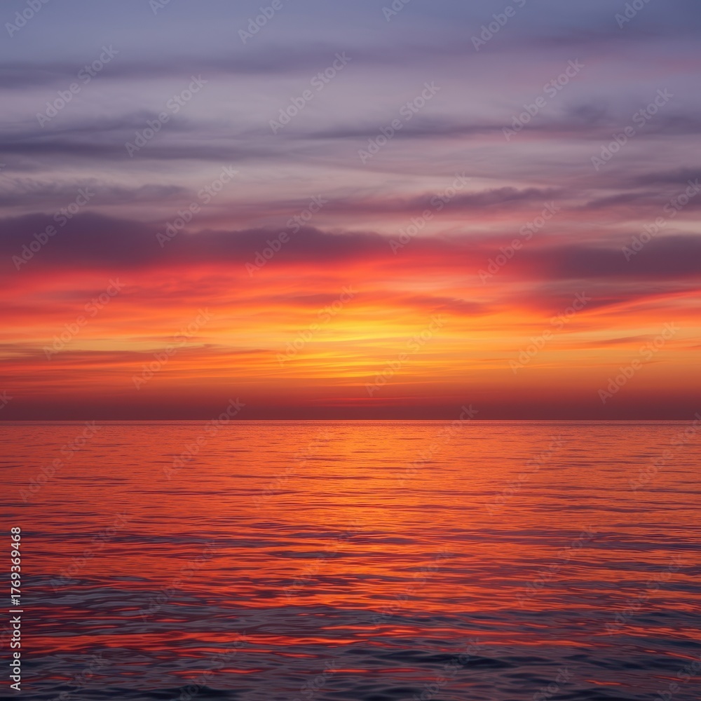 Obraz premium A magnificent sunrise paints the tranquil ocean surface with vibrant hues of gold, red, and soft lavender light, creating a peaceful, reflective seascape ,seascape ,marine ,pink