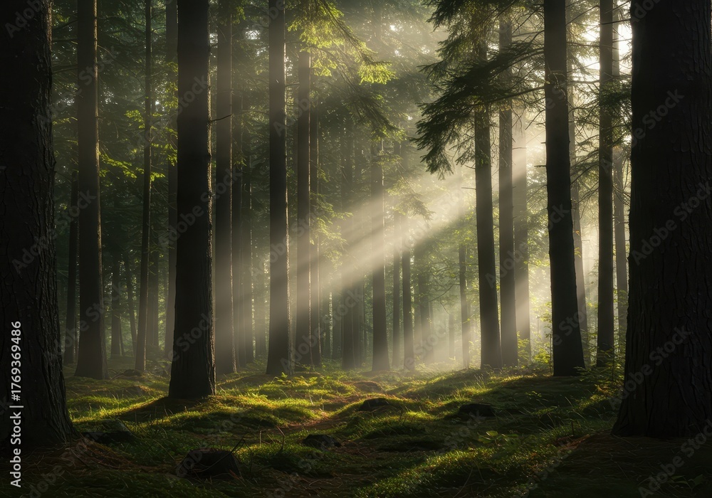 Obraz premium A peaceful view of dense woodland illuminated by soft sunlight filtering through the canopy and tall evergreen trees ,sunbeam ,undergrowth ,woods