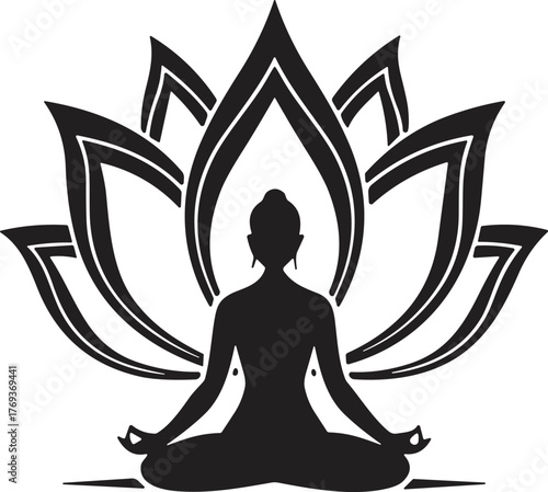 Silhouette of person meditating in lotus pose, yoga symbol with lotus flower, mindfulness, spirituality, peace, and inner balance illustration.