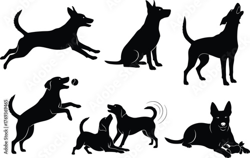 Silhouettes of Dogs in Various Poses and Activities – Playful, Sitting, Jumping, Barking, Lying Down, Interaction, Pet Behavior Vector Concept