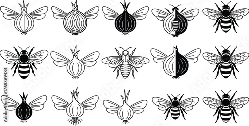 Vector bees and onions with wings black and white illustration