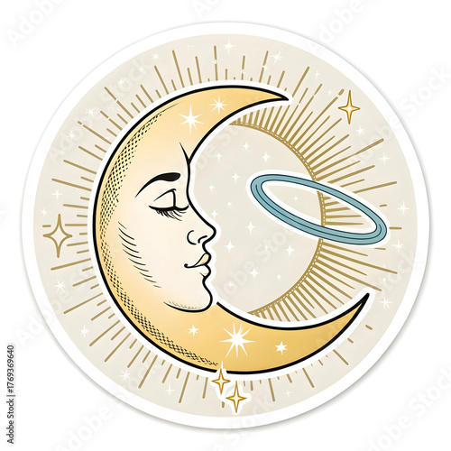 Crescent moon with glowing halo in sticker style, symbolizing night and serenity, isolated on a clean white