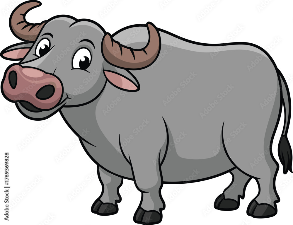Naklejka premium Cute cartoon buffalo illustration, farm animal vector art, smiling water buffalo character, livestock design for children, agriculture mascot conceptCute cartoon buffalo illustration, 