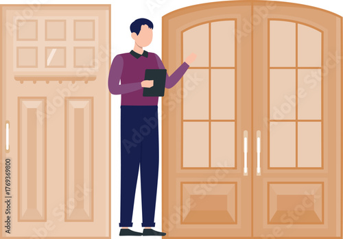 The boy is  pointing door way.