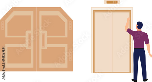 The boy is  showing lift door.