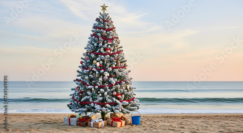 Fototapeta Naklejka Na Ścianę i Meble -  Decorated christmas tree with gifts on a sandy beach by the ocean