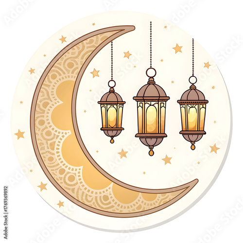 Crescent moon with hanging lanterns in sticker style, representing Islamic festivities and tradition
