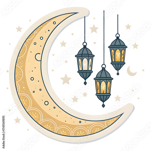 Crescent moon with hanging lanterns in sticker style, representing Islamic festivities and tradition